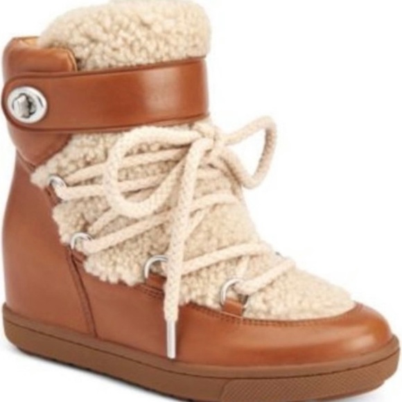 Authentic Coach Brown Leather Shearling Lace-Up Wedge Booties Boots 9 - Picture 2 of 12